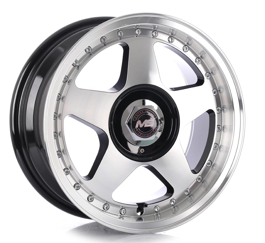 Rin 15 7 4x100/114.3 Ms 1060 BLACK MACHINE FACE CHROME RIVETS ET25 CB73.1